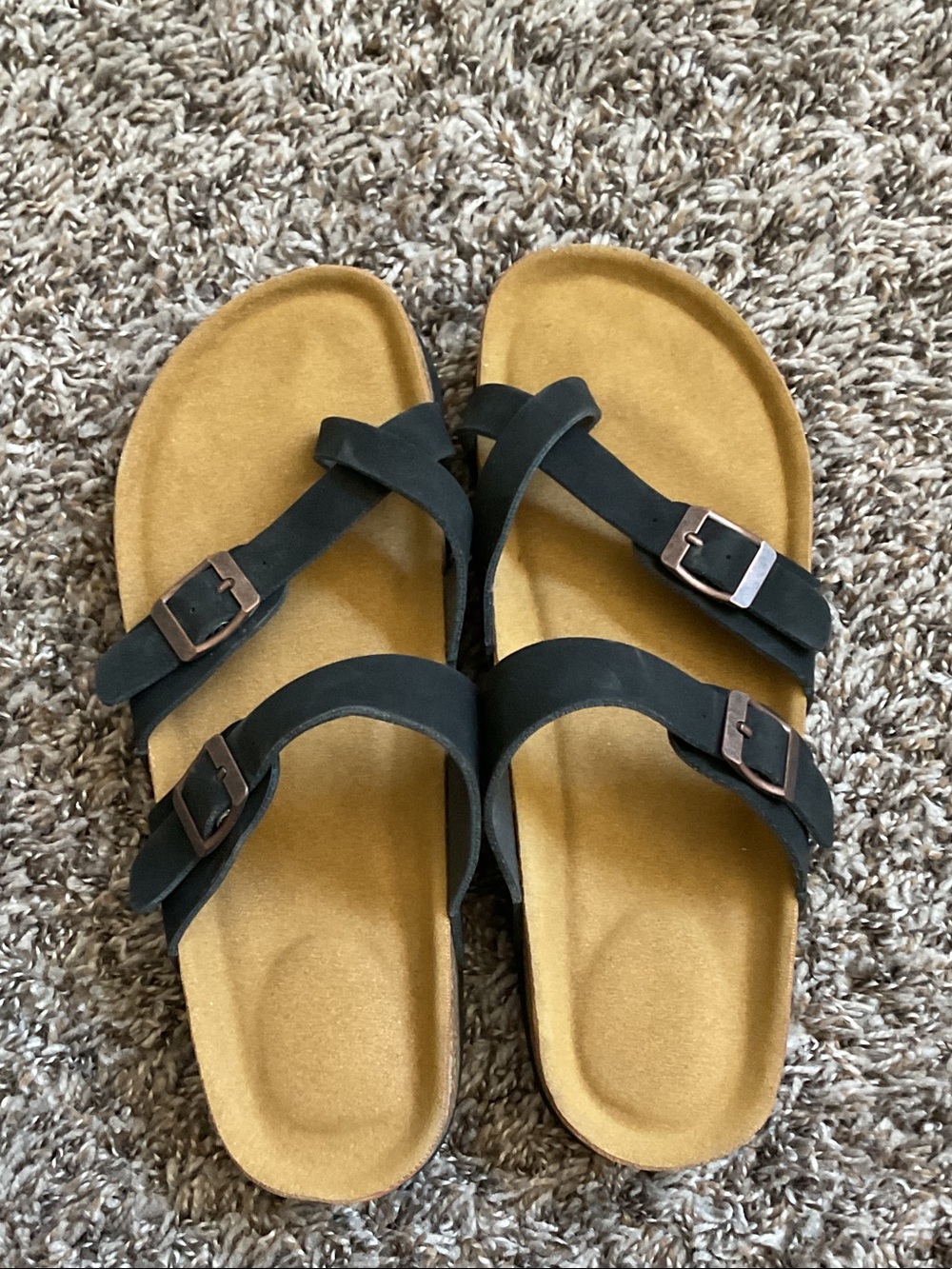 Black Strappy Buckle Sandals with Tan Footbed
